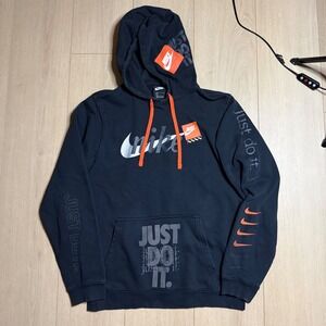 Nike Hoodie Mens Small Black Orange Just Do It Multi Logo Pullover AV5905-010